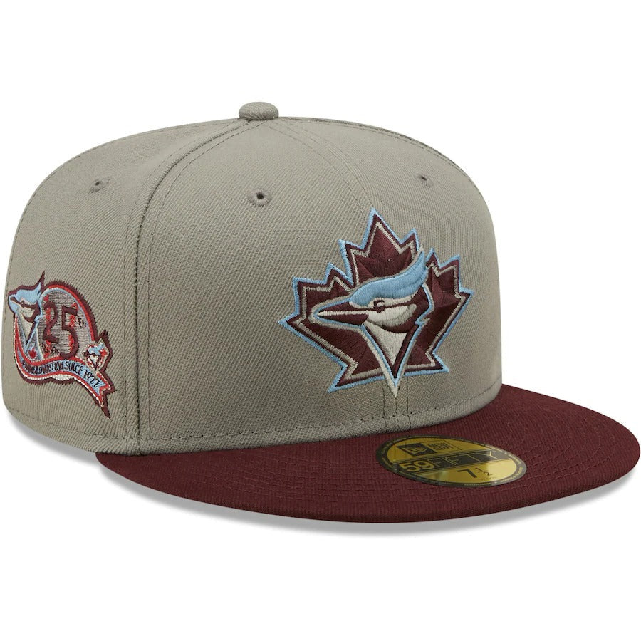 New Era Toronto Blue Jays Misty Maroon 25th Anniversary Blue Undervisor 59FIFTY Fitted Hat.