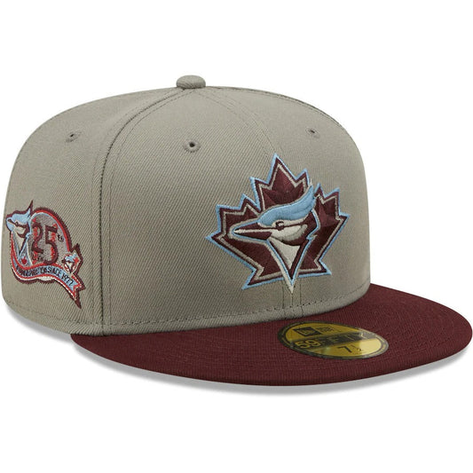 New Era Toronto Blue Jays Misty Maroon 25th Anniversary Blue Undervisor 59FIFTY Fitted Hat.