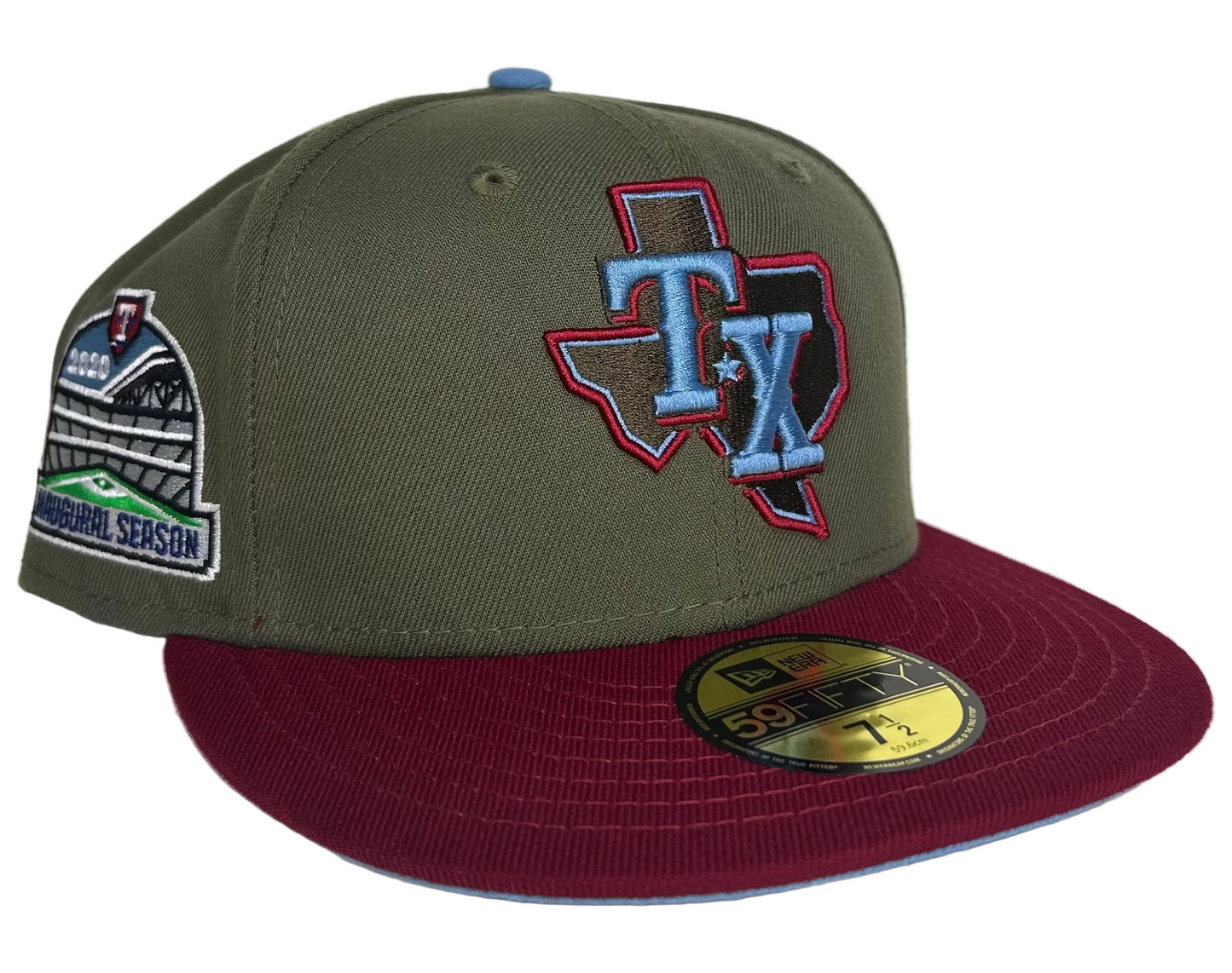 New Era Texas Rangers "Inaugural Season" 59FIFTY fitted hat, featuring a high crown, structured fit, and a team patch commemorating the stadium.