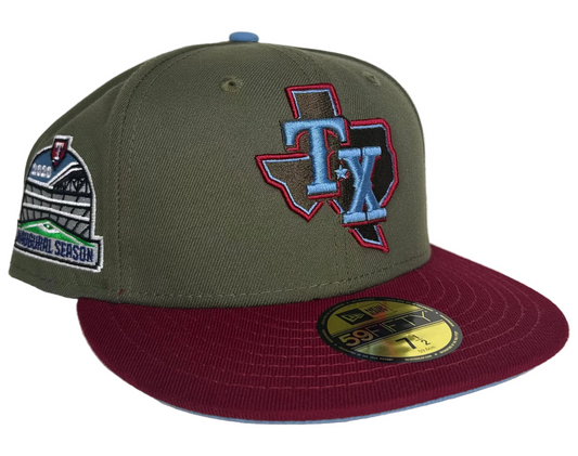 New Era Texas Rangers "Inaugural Season" 59FIFTY fitted hat, featuring a high crown, structured fit, and a team patch commemorating the stadium.