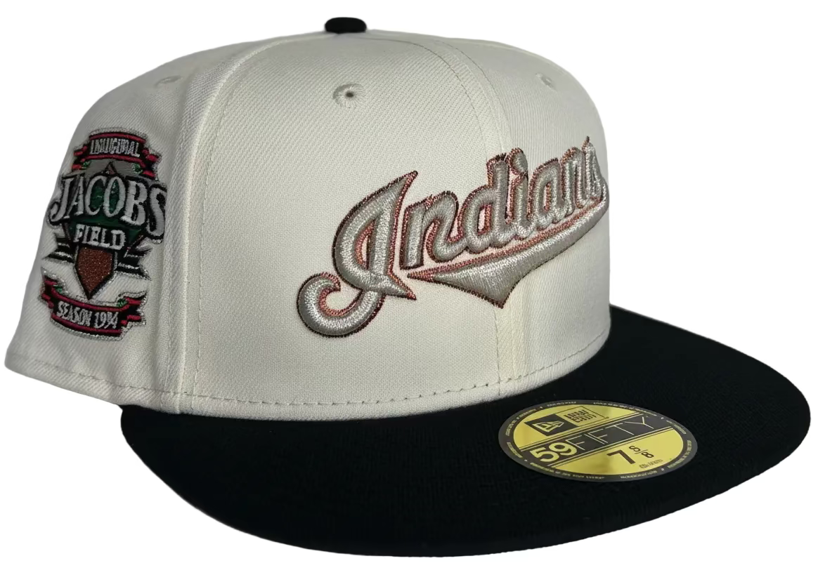 Cleveland Indians fitted hat is a New Era 59FIFTY featuring a "retro script" “Rushmore” & a 1994 Jacobs Field inaugural season side patch. 