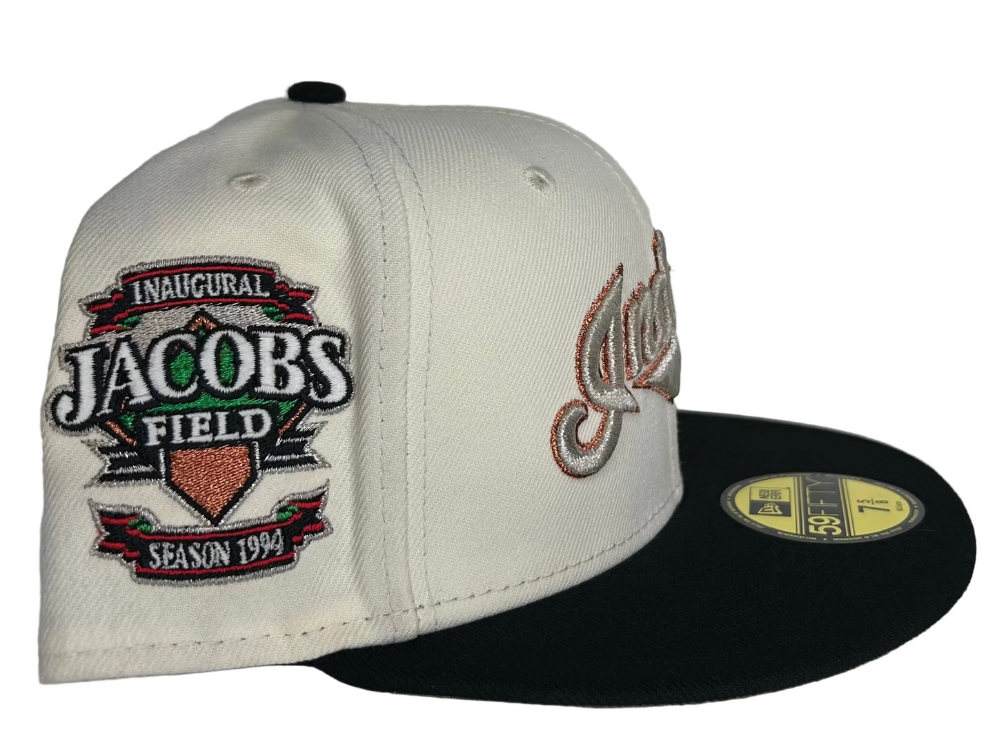 Cleveland Indians fitted hat is a New Era 59FIFTY featuring a "retro script" “Rushmore” & a 1994 Jacobs Field inaugural season side patch. 