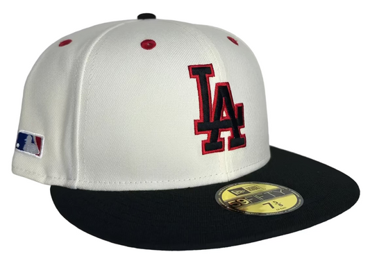 Los Angeles Dodgers White & Black Two Tone Classic W/ A side Batty MLB Logo Patch Gray UV New Era 59FIFTY Fitted Hat.