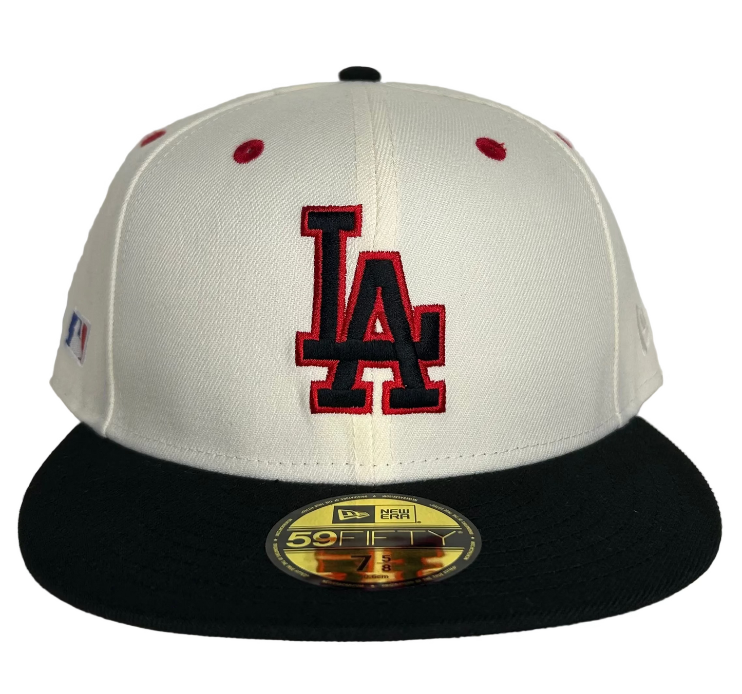 Los Angeles Dodgers White & Black Two Tone Classic W/ A side Batty MLB Logo Patch Gray UV New Era 59FIFTY Fitted Hat.
