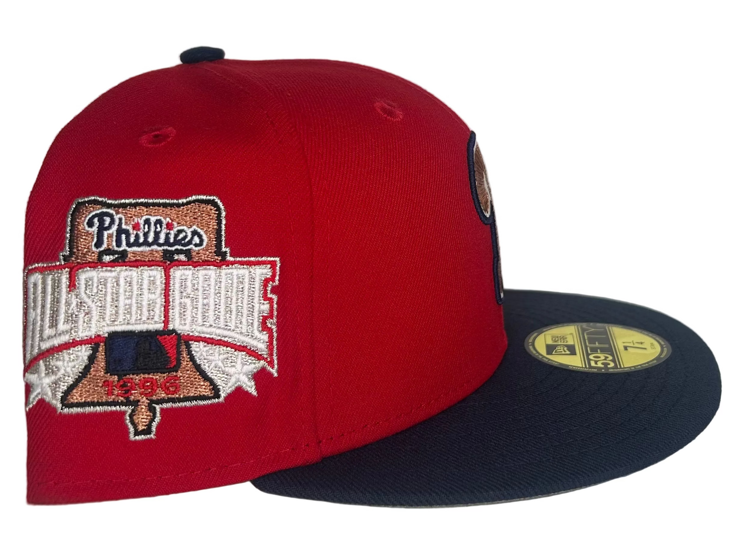Philadelphia Phillies 59FIFTY New Era Red & Satin Black Hat featuring a 1996 All-Star Game commemorative side patch. 