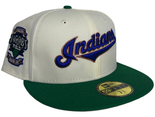 New Era Cleveland Indians 59FIFTY fitted hat, featuring a cream crown, green brim, and a patch commemorating the 1994 inaugural season at Jacobs Field. 
