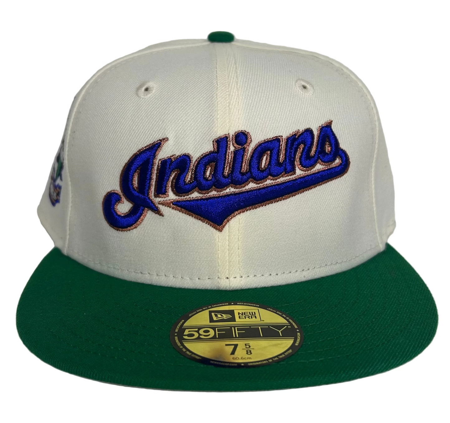 New Era Cleveland Indians 59FIFTY fitted hat, featuring a cream crown, green brim, and a patch commemorating the 1994 inaugural season at Jacobs Field. 