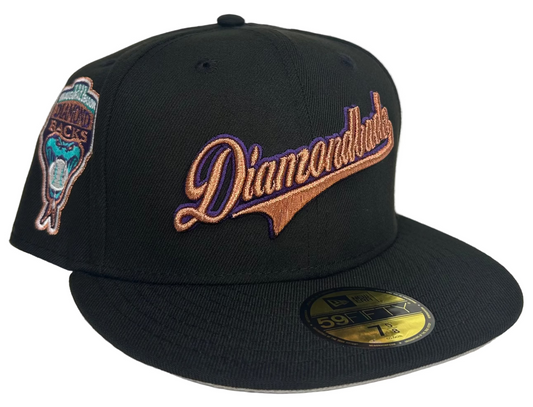 New Era Arizona Diamondbacks 59FIFTY fitted hat features a black crown, script embroidery, and a special inaugural season patch. 