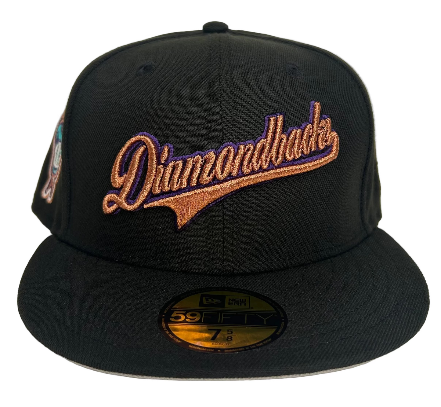 New Era Arizona Diamondbacks 59FIFTY fitted hat features a black crown, script embroidery, and a special inaugural season patch. 