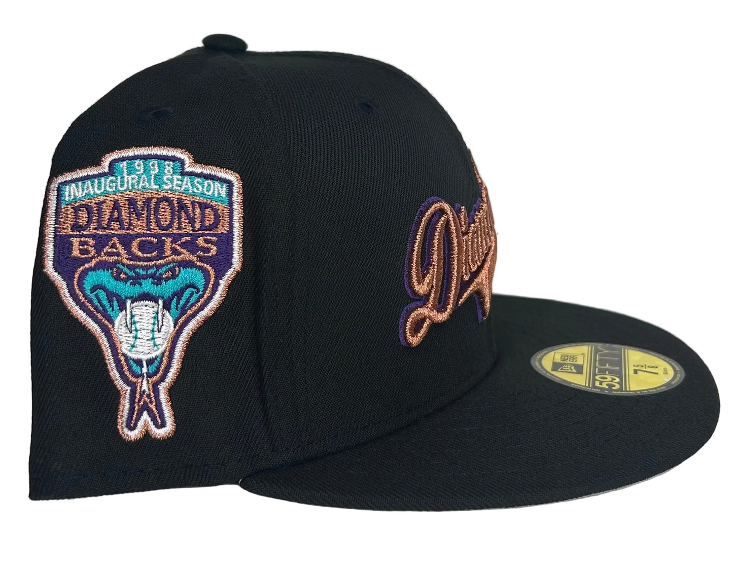 New Era Arizona Diamondbacks 59FIFTY fitted hat features a black crown, script embroidery, and a special inaugural season patch. 