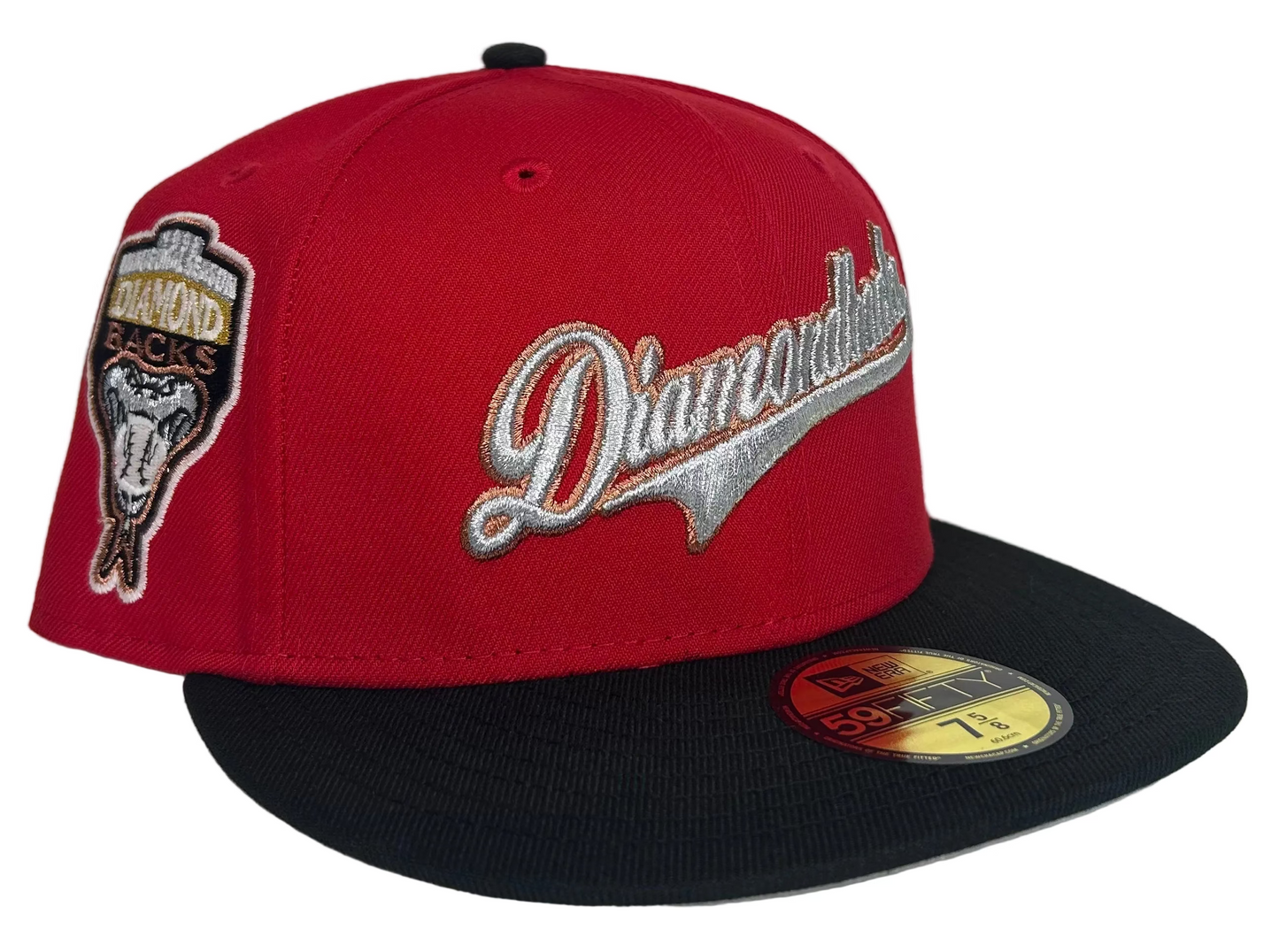New Era 59FIFTY Arizona Diamondbacks fitted hat, featuring a script logo on the front and a 1998 inaugural season patch on the side. 