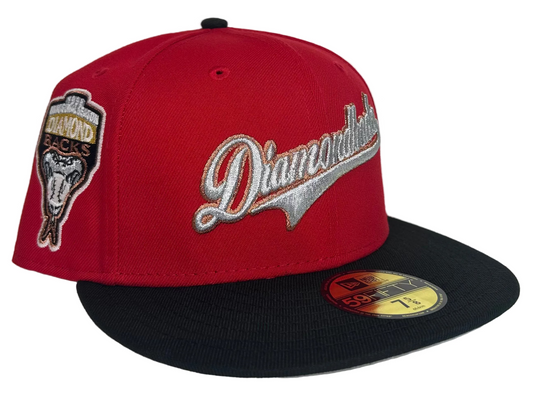 New Era 59FIFTY Arizona Diamondbacks fitted hat, featuring a script logo on the front and a 1998 inaugural season patch on the side. 