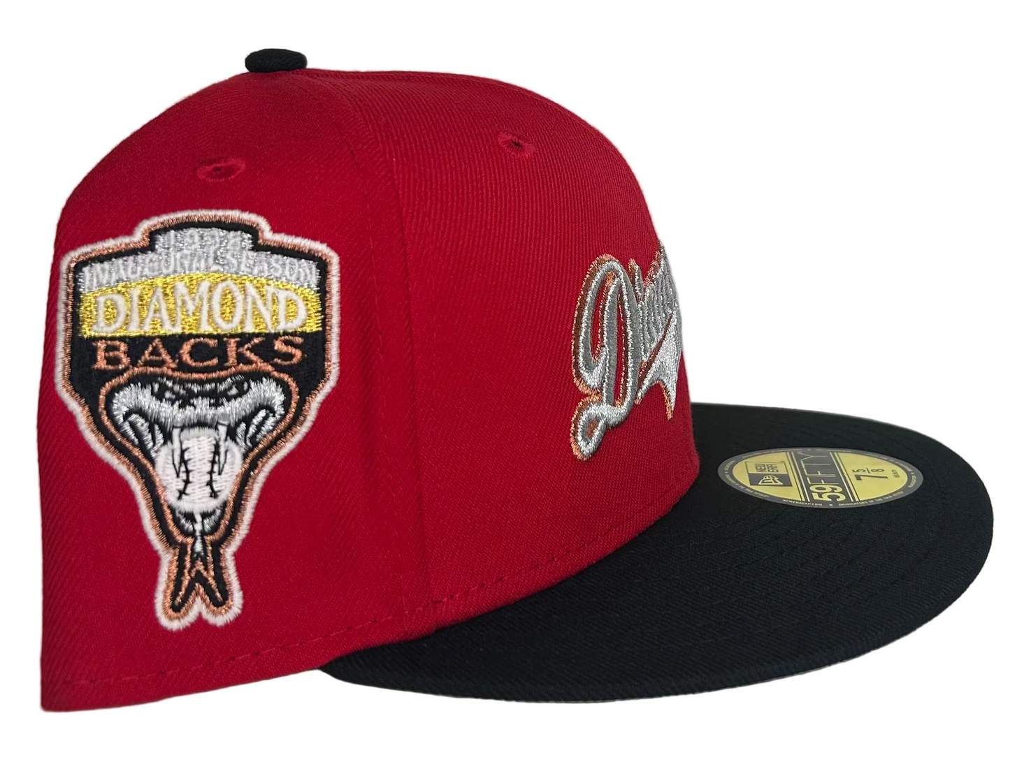 New Era 59FIFTY Arizona Diamondbacks fitted hat, featuring a script logo on the front and a 1998 inaugural season patch on the side. 