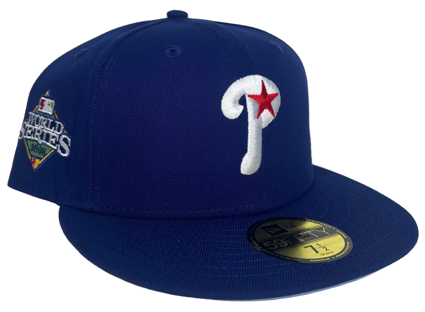 New Era Philadelphia Phillies 59FIFTY fitted hat, specifically a "Blue Icy" edition featuring a 2008 World Series side patch. 