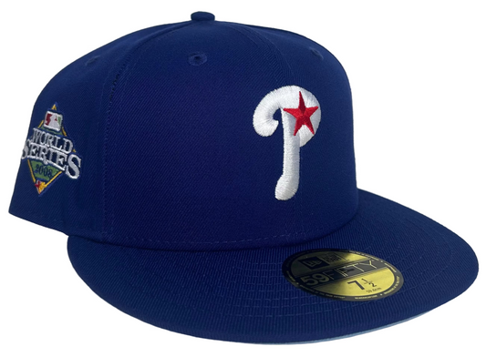 New Era Philadelphia Phillies 59FIFTY fitted hat, specifically a "Blue Icy" edition featuring a 2008 World Series side patch. 
