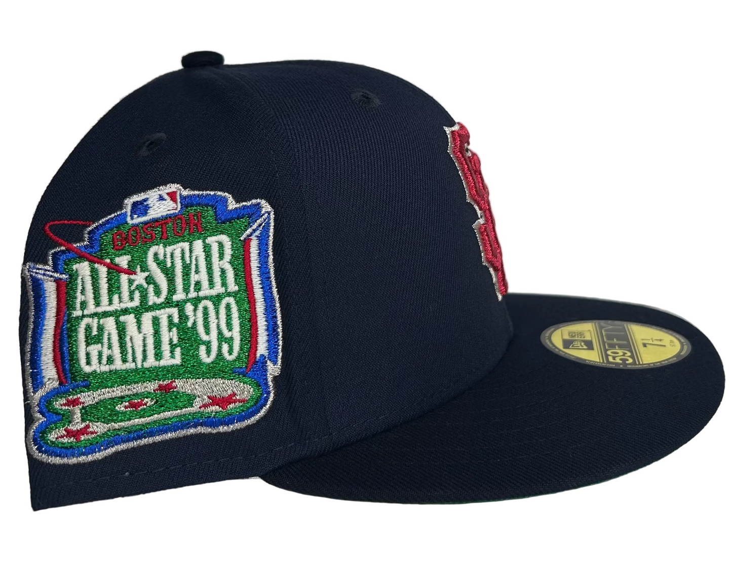 San Francisco Giants 59FIFTY fitted hat is a New Era product featuring a navy crown, a red and white embroidered "SF" logo, and a side patch commemorating the 1999 MLB All-Star Game. 