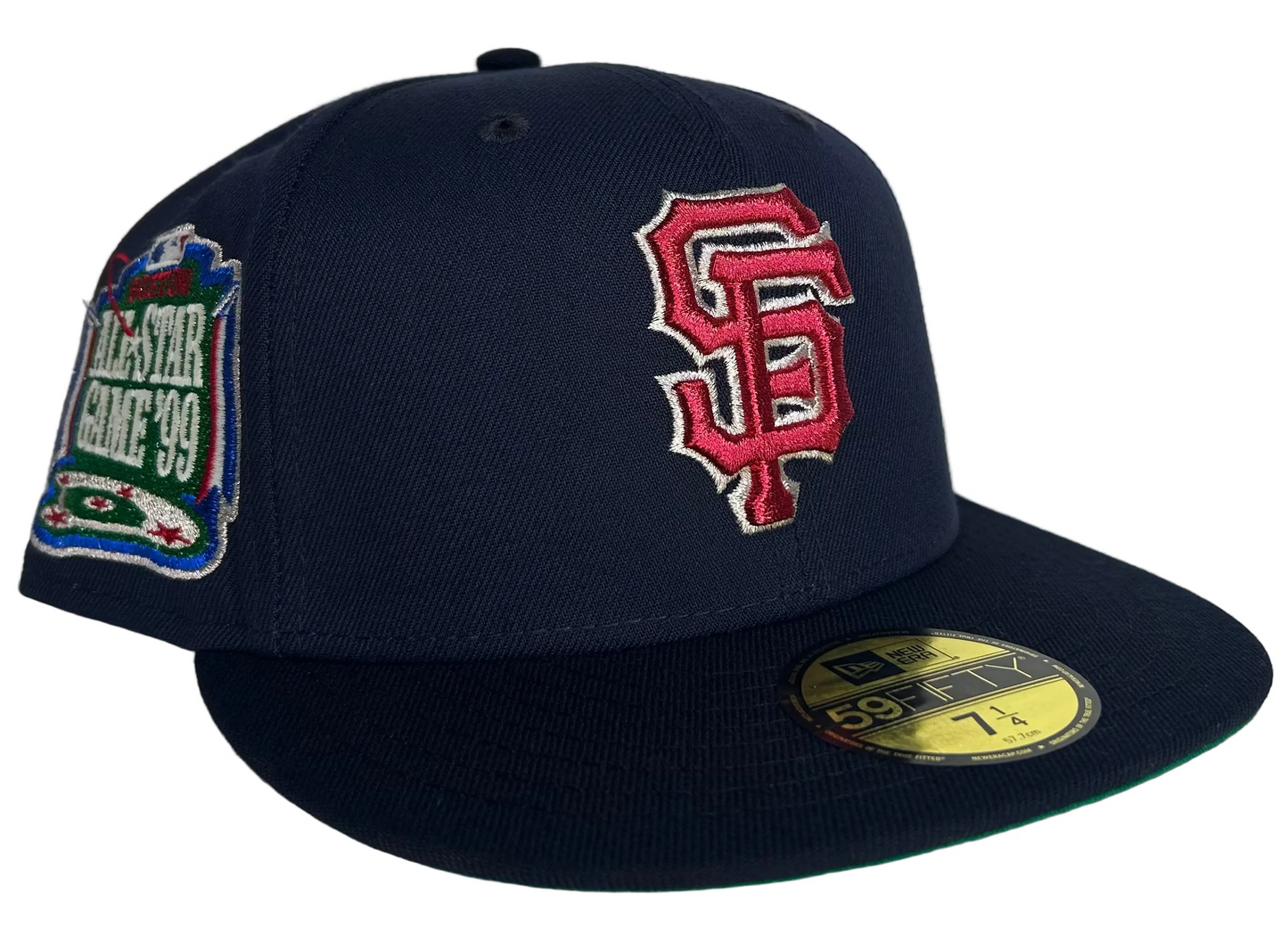 San Francisco Giants 59FIFTY fitted hat is a New Era product featuring a navy crown, a red and white embroidered "SF" logo, and a side patch commemorating the 1999 MLB All-Star Game. 