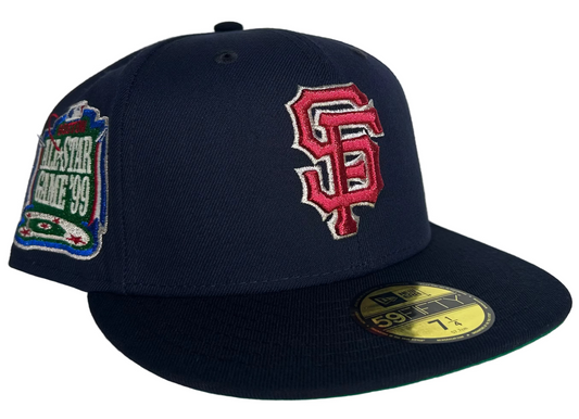 San Francisco Giants 59FIFTY fitted hat is a New Era product featuring a navy crown, a red and white embroidered "SF" logo, and a side patch commemorating the 1999 MLB All-Star Game. 