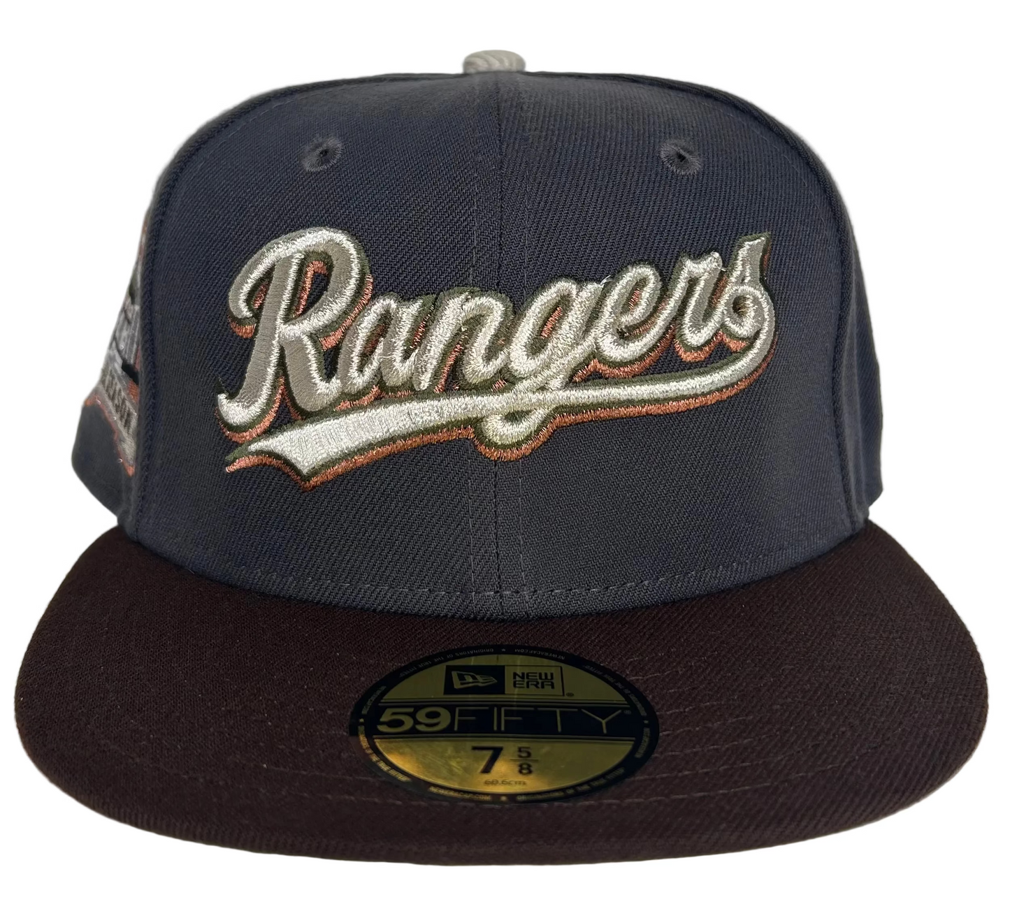 New Era 59FIFTY Texas Rangers fitted hat, likely featuring a specific team logo script and commemorative side patch. 