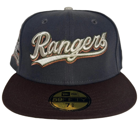 New Era 59FIFTY Texas Rangers fitted hat, likely featuring a specific team logo script and commemorative side patch. 
