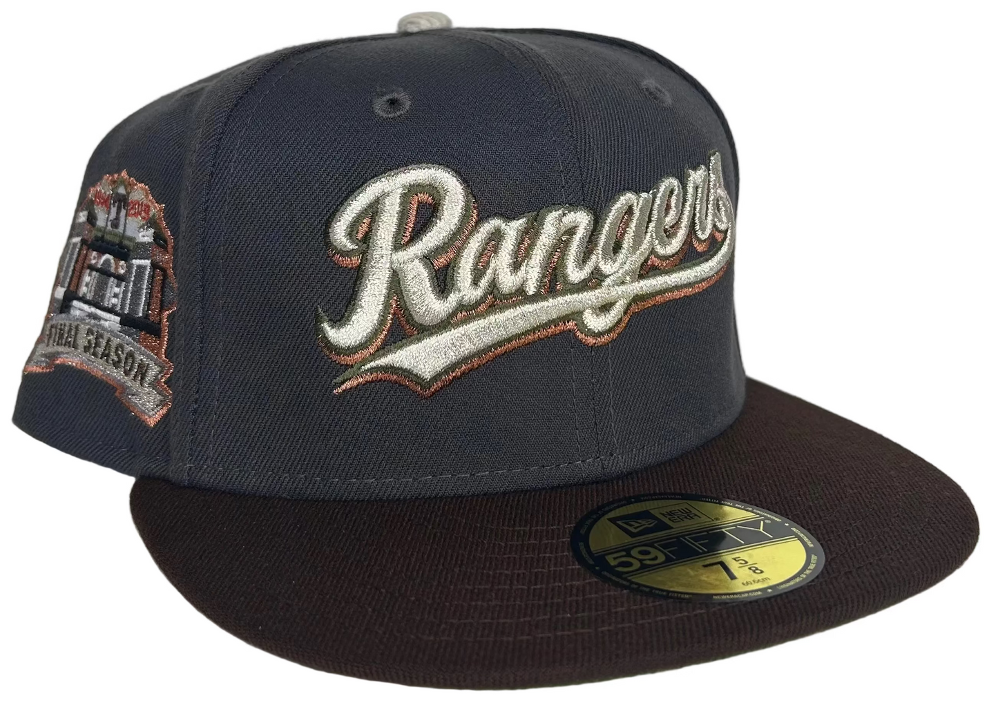 New Era 59FIFTY Texas Rangers fitted hat, likely featuring a specific team logo script and commemorative side patch. 