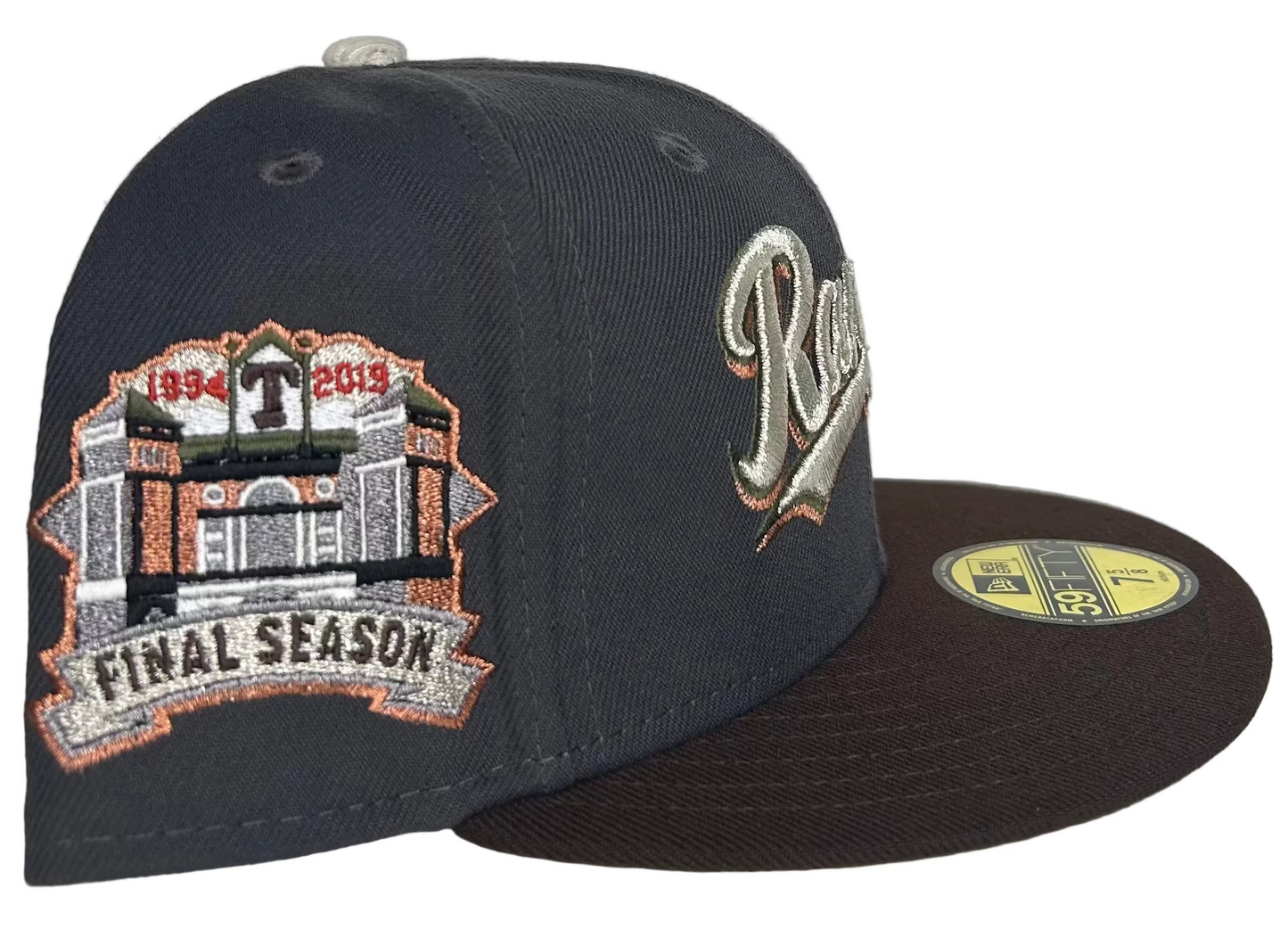 New Era 59FIFTY Texas Rangers fitted hat, likely featuring a specific team logo script and commemorative side patch. 