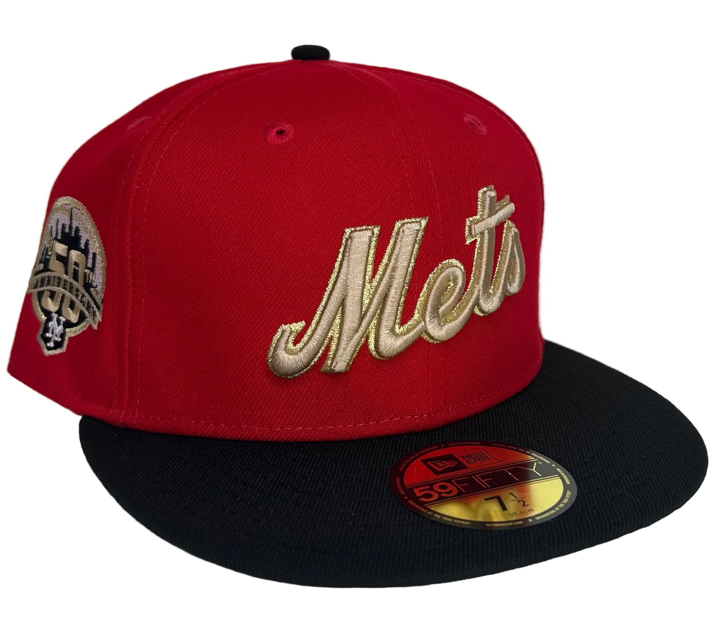 New Era New York Mets Shiny Era 59FIFTY Scarlet Fitted cap features a red crown, a black visor, and a special 50th Anniversary side patch.