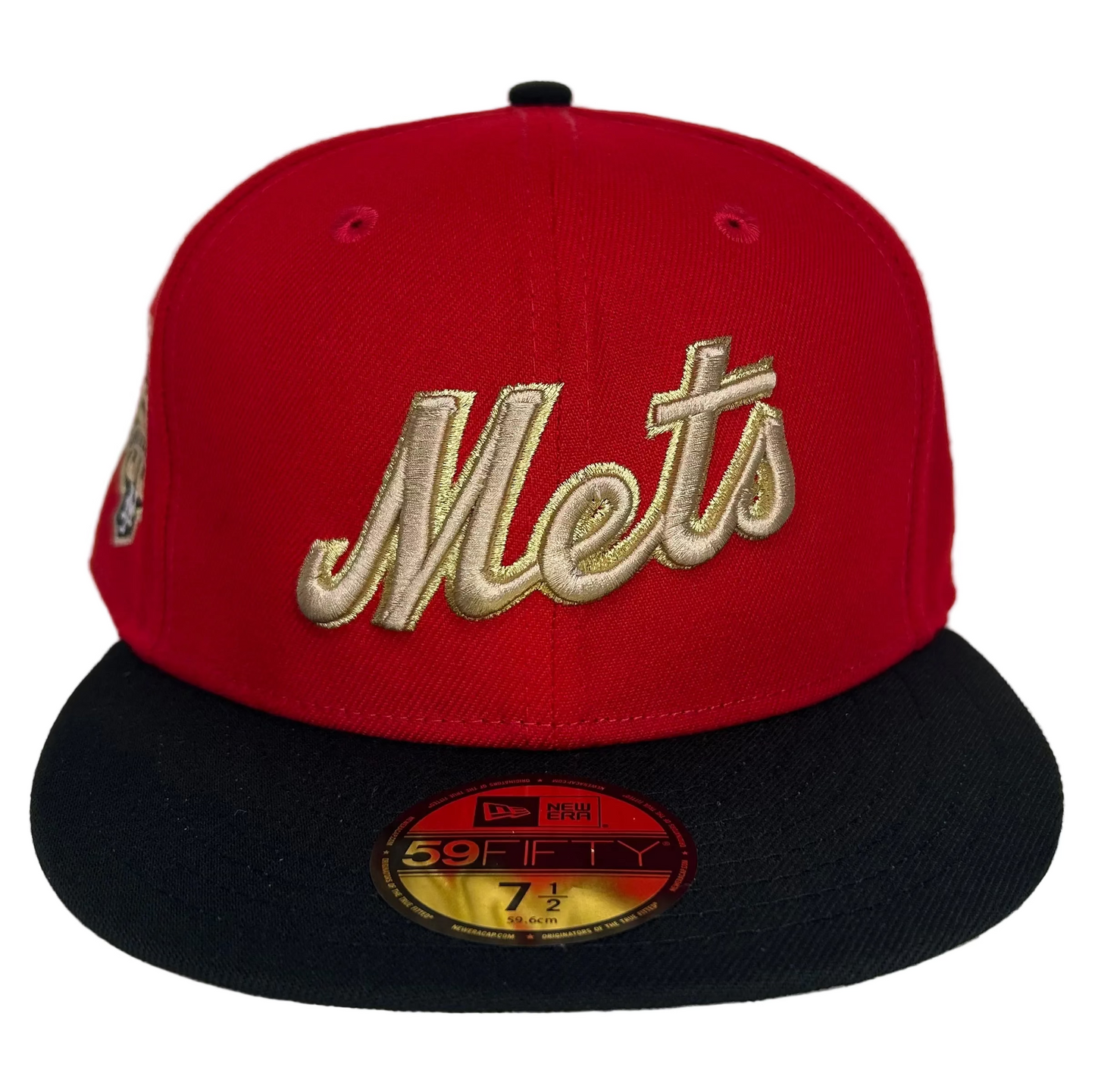 New Era New York Mets Shiny Era 59FIFTY Scarlet Fitted cap features a red crown, a black visor, and a special 50th Anniversary side patch.
