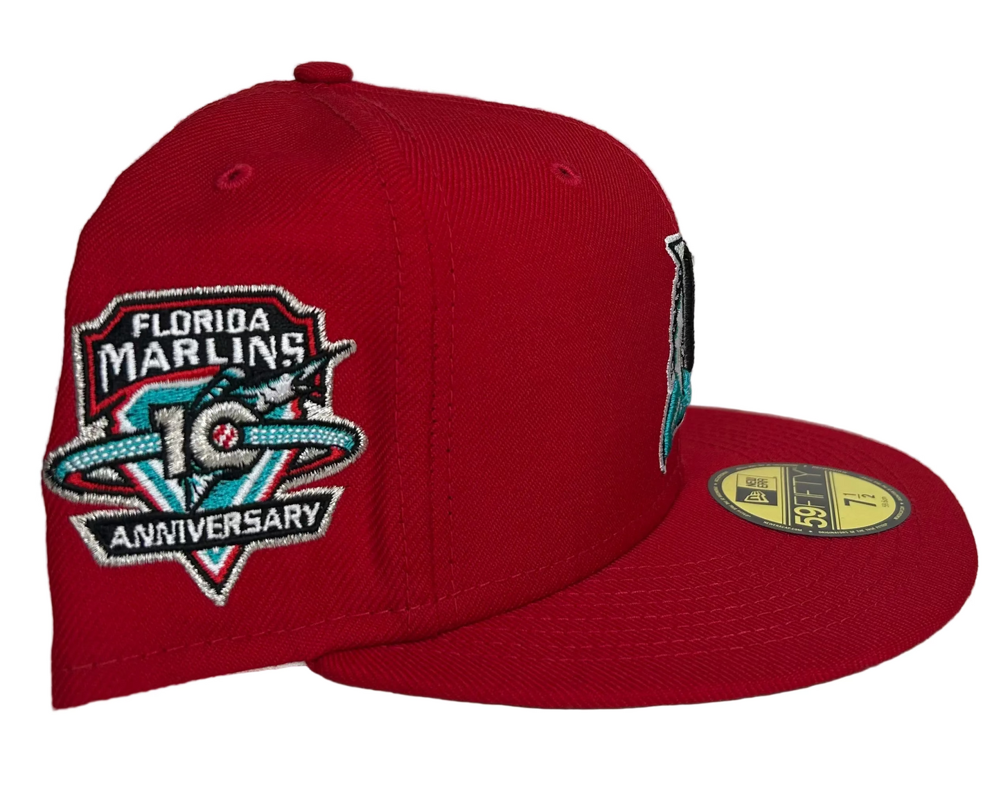 New Era Florida Marlins 10th Anniversary 59FIFTY fitted hat in scarlet red. 
