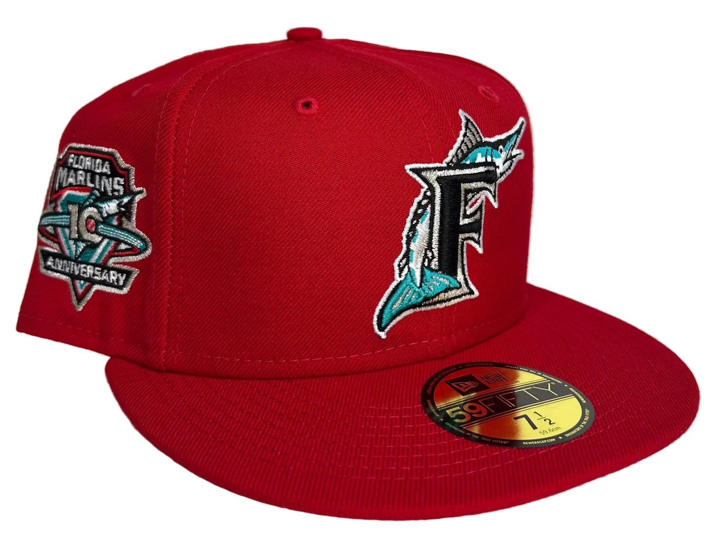 New Era Florida Marlins 10th Anniversary 59FIFTY fitted hat in scarlet red. 