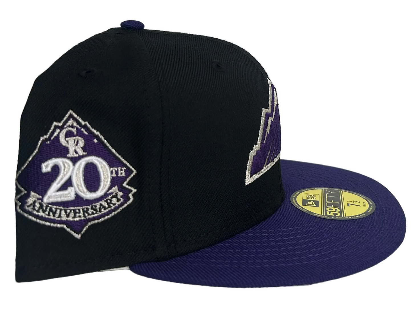 New Era Colorado Rockies 59FIFTY fitted hat, specifically a 20th Anniversary edition featuring a black crown & purple visor.