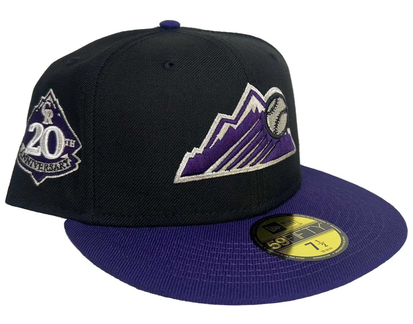 New Era Colorado Rockies 59FIFTY fitted hat, specifically a 20th Anniversary edition featuring a black crown & purple visor.