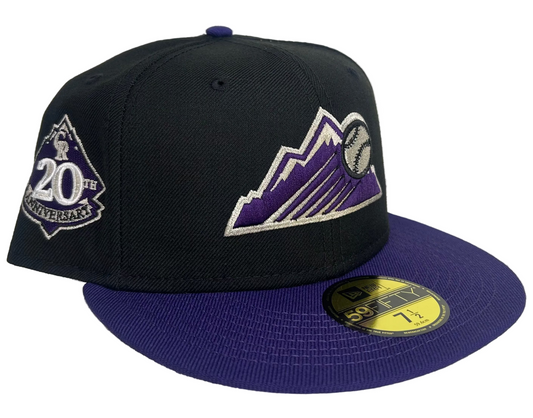 New Era Colorado Rockies 59FIFTY fitted hat, specifically a 20th Anniversary edition featuring a black crown & purple visor.