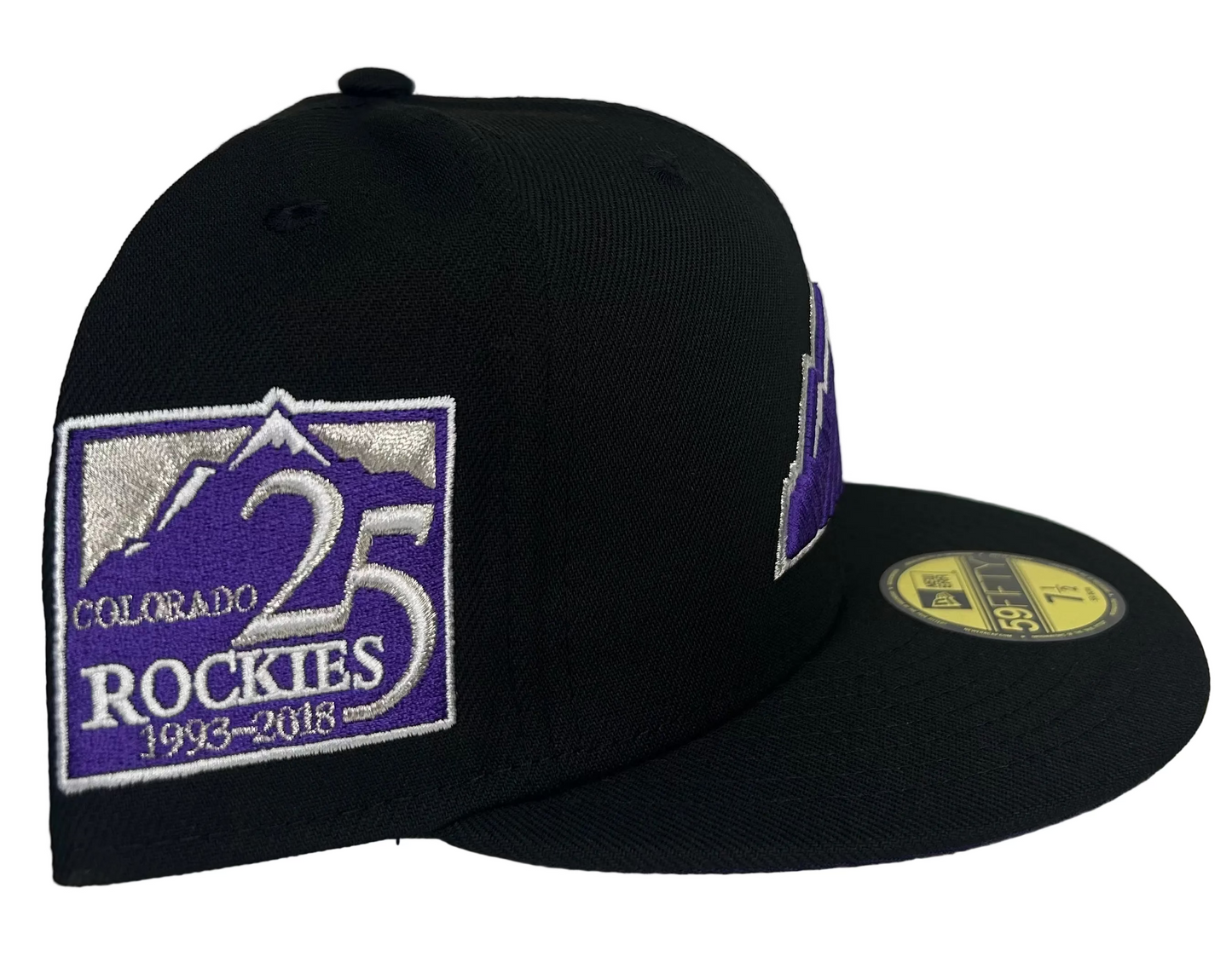 New Era Colorado Rockies 59FIFTY fitted hat featuring a 25th-anniversary patch. 