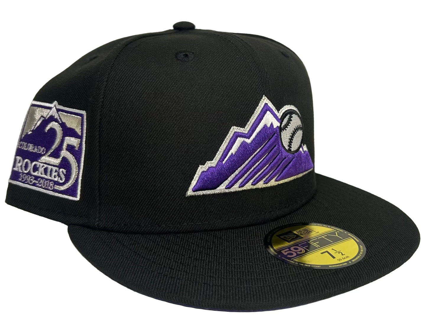 New Era Colorado Rockies 59FIFTY fitted hat featuring a 25th-anniversary patch. 