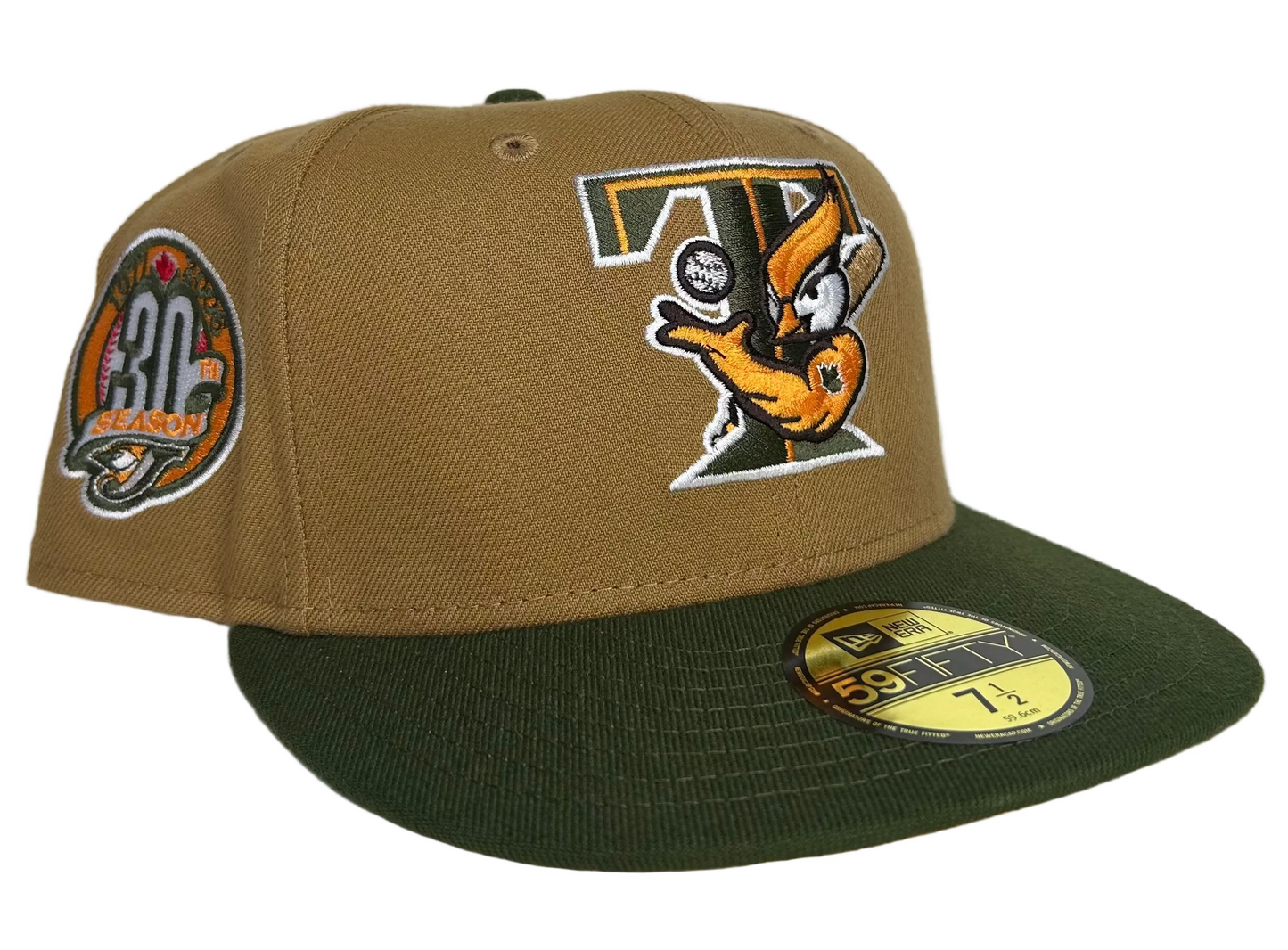 New Era Toronto Blue Jays 30th Season 59FIFTY fitted hat, specifically a custom two-tone model often referred to as "Copper Canyon.”