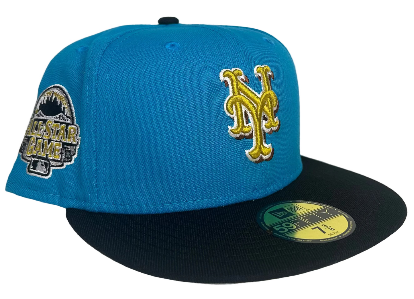 New York Mets New Era 59FIFTY fitted a sky blue crown, black visor, and a special side patch commemorating a baseball All-Star game. 