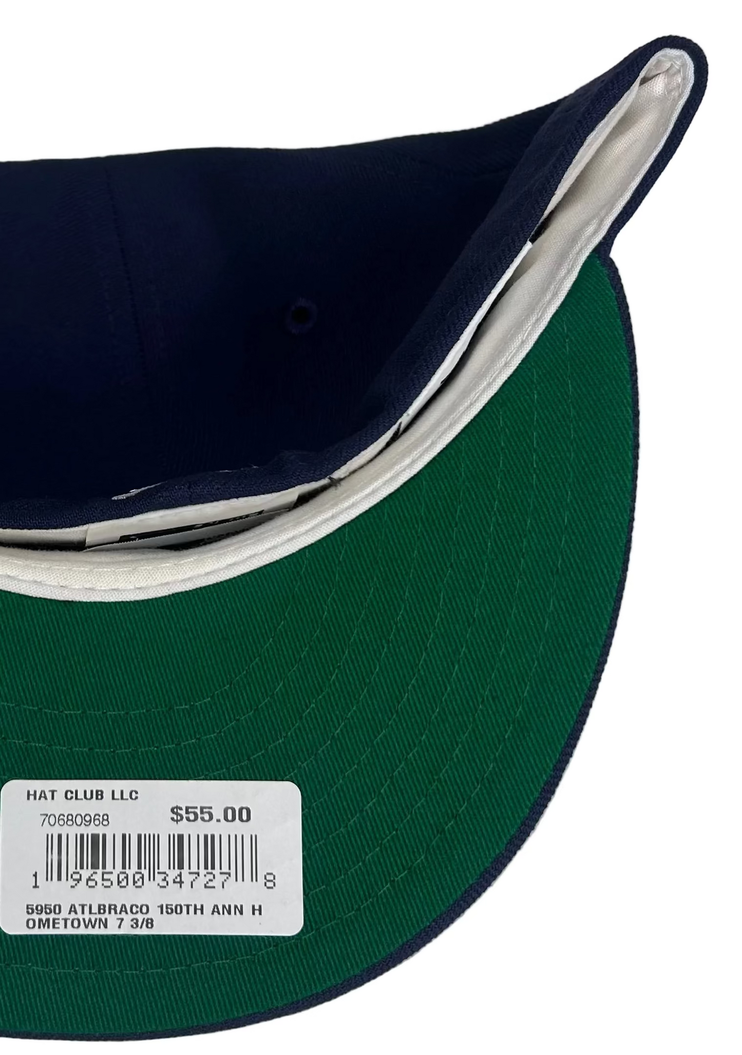 New Era Atlanta Braves 59FIFTY fitted hat, specifically a Cooperstown Collection model featuring a navy crown, white logo, and a special 150th Anniversary side patch. 