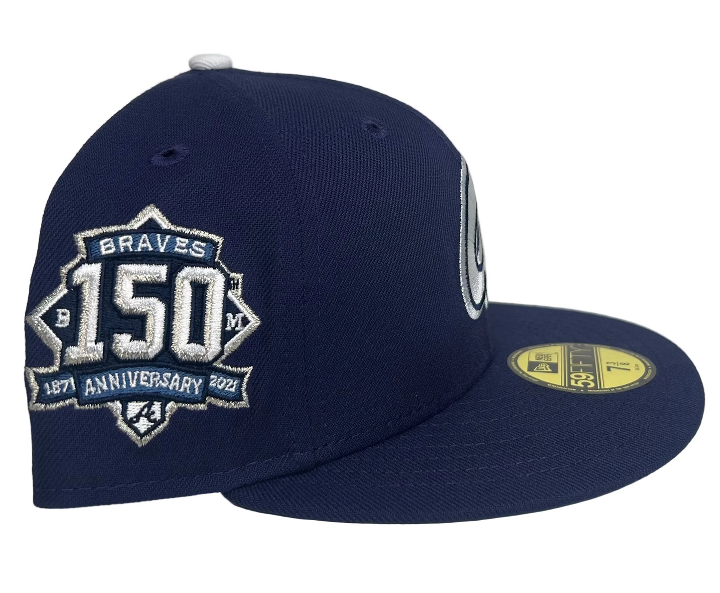 New Era Atlanta Braves 59FIFTY fitted hat, specifically a Cooperstown Collection model featuring a navy crown, white logo, and a special 150th Anniversary side patch. 