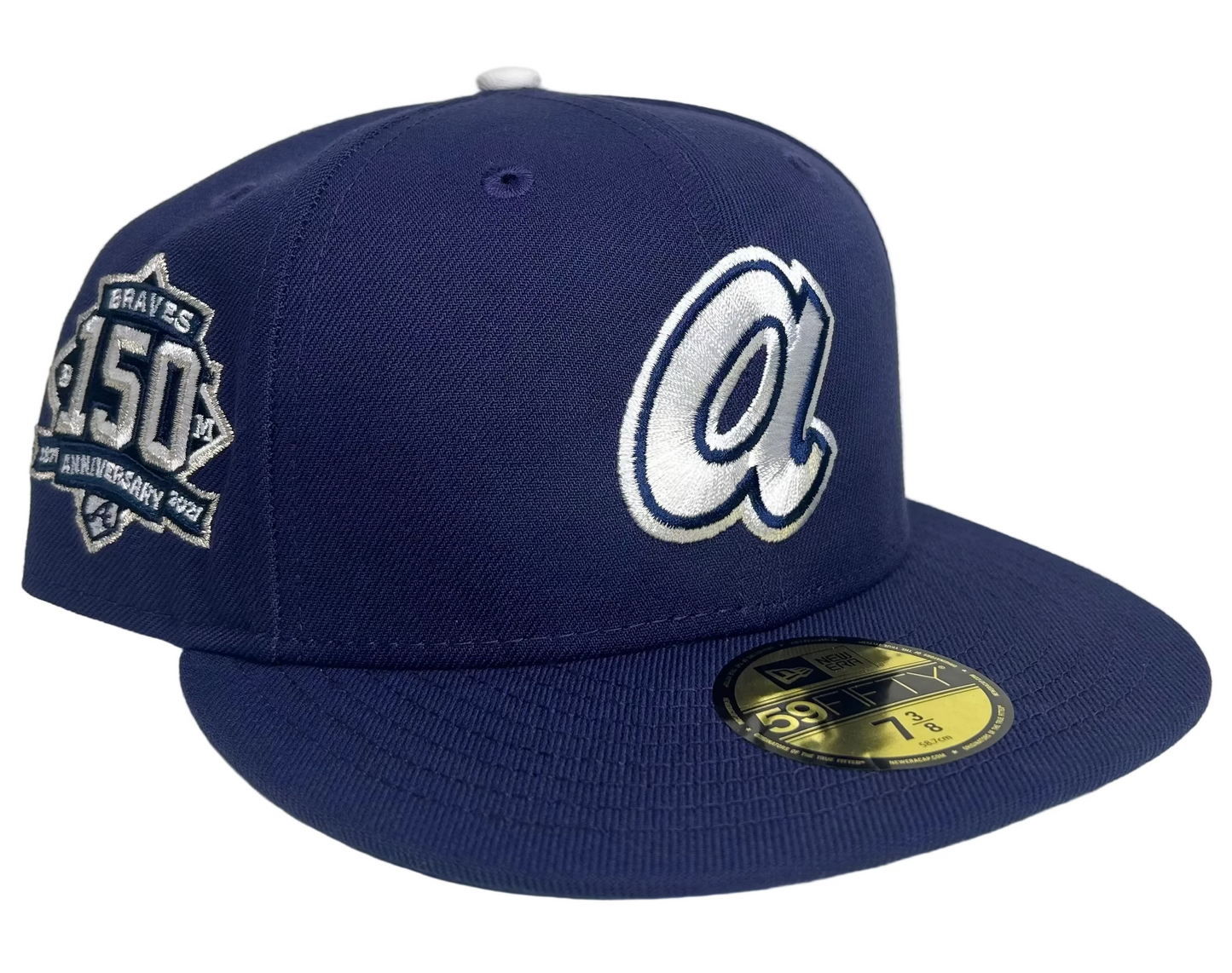New Era Atlanta Braves 59FIFTY fitted hat, specifically a Cooperstown Collection model featuring a navy crown, white logo, and a special 150th Anniversary side patch. 