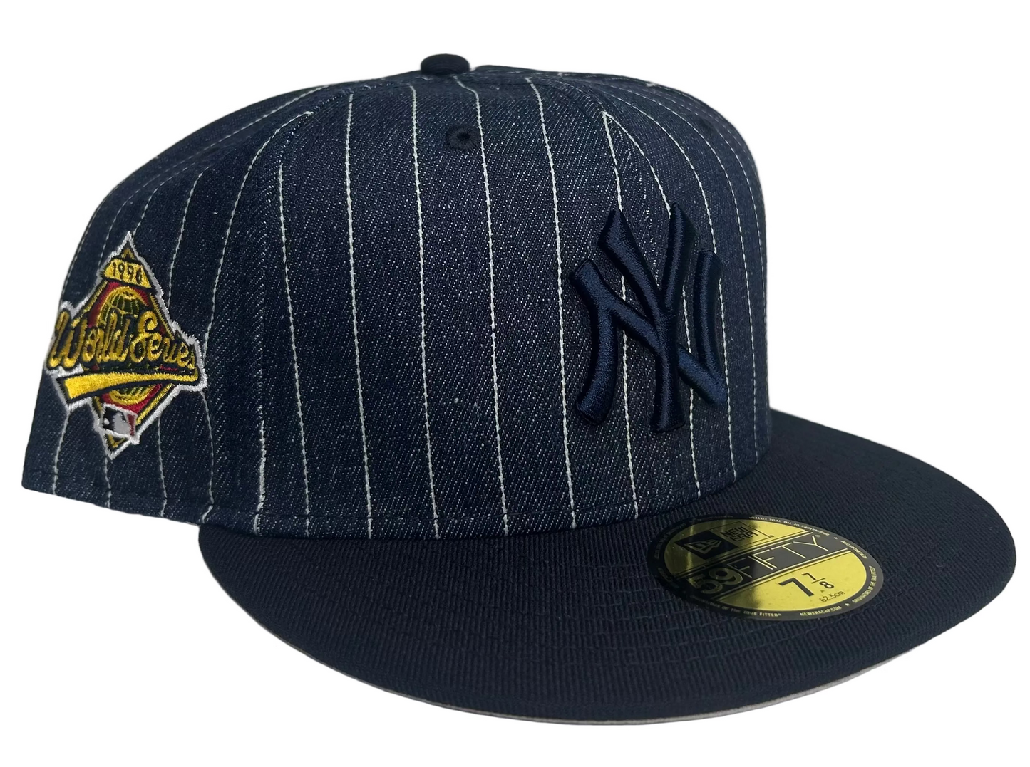 New Era 59FIFTY New York Yankees 1996 World Series Patch Fitted Hat in navy pinstripe denim. 