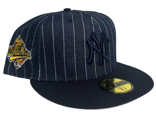 New Era 59FIFTY New York Yankees 1996 World Series Patch Fitted Hat in navy pinstripe denim. 