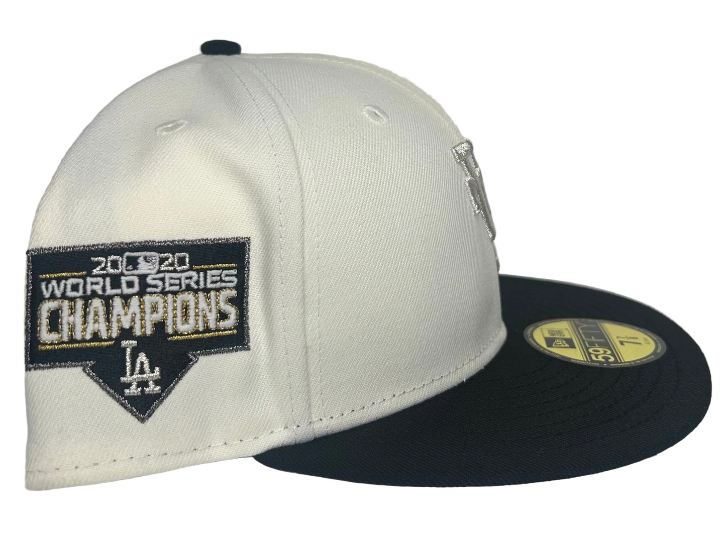 New Era 59FIFTY Los Angeles Dodgers hat featuring a 2020 World Series champions patch and an upside-down front logo. 