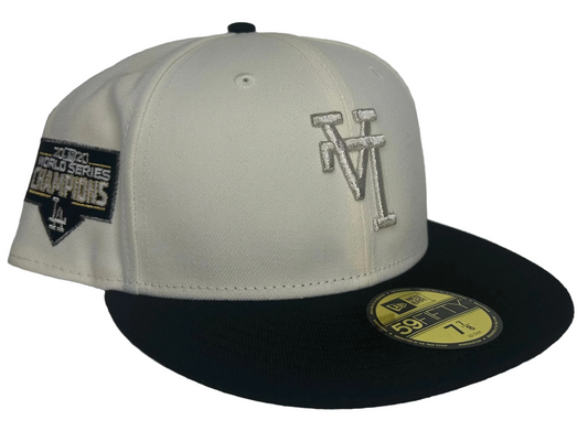 New Era 59FIFTY Los Angeles Dodgers hat featuring a 2020 World Series champions patch and an upside-down front logo. 