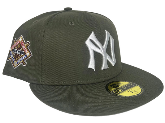 New Era New York Yankees 59FIFTY fitted cap, featuring a distinctive olive color and a World Series side patch. 