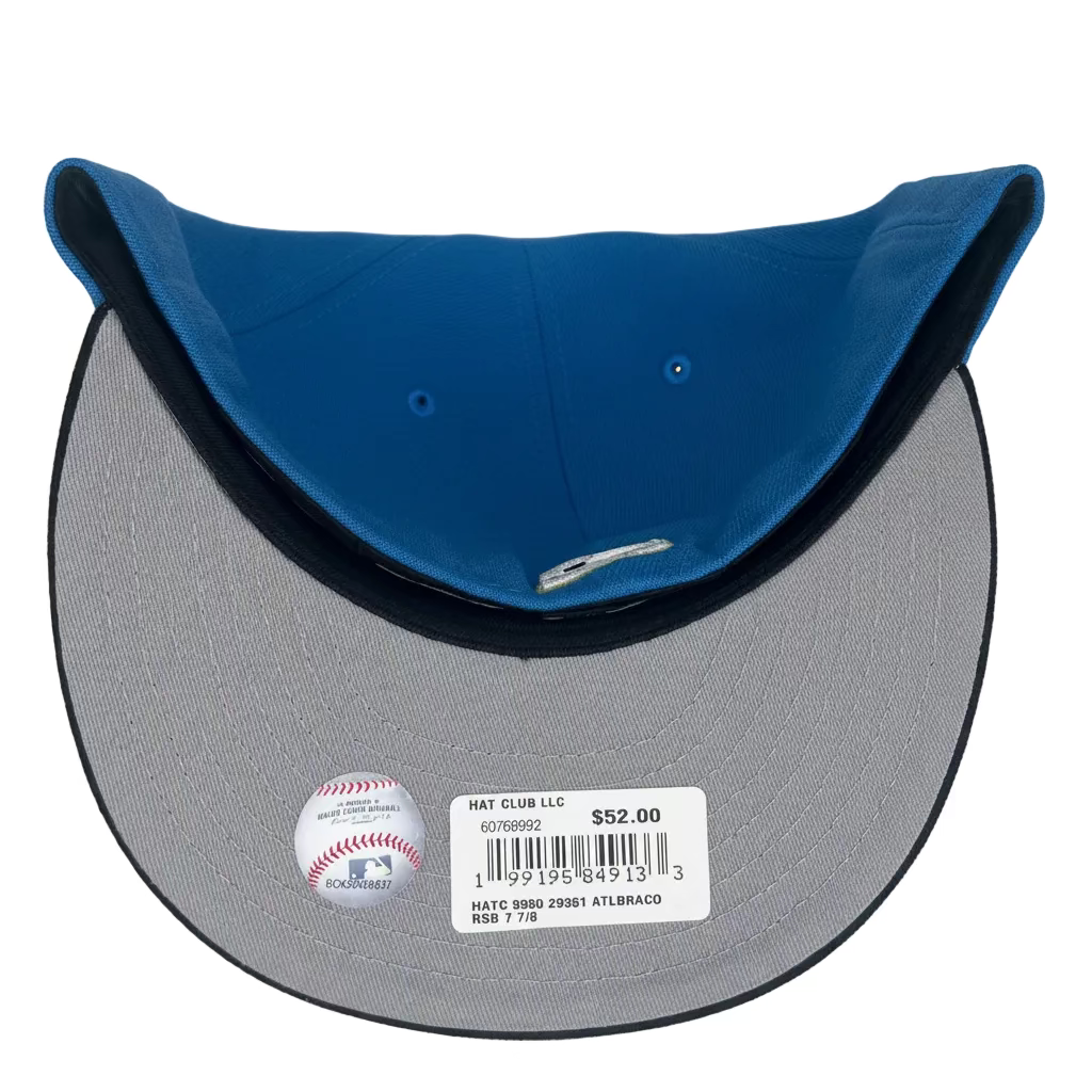 New Era Atlanta Braves 59FIFTY fitted hat featuring a sky blue crown, black visor, and a special side patch. 