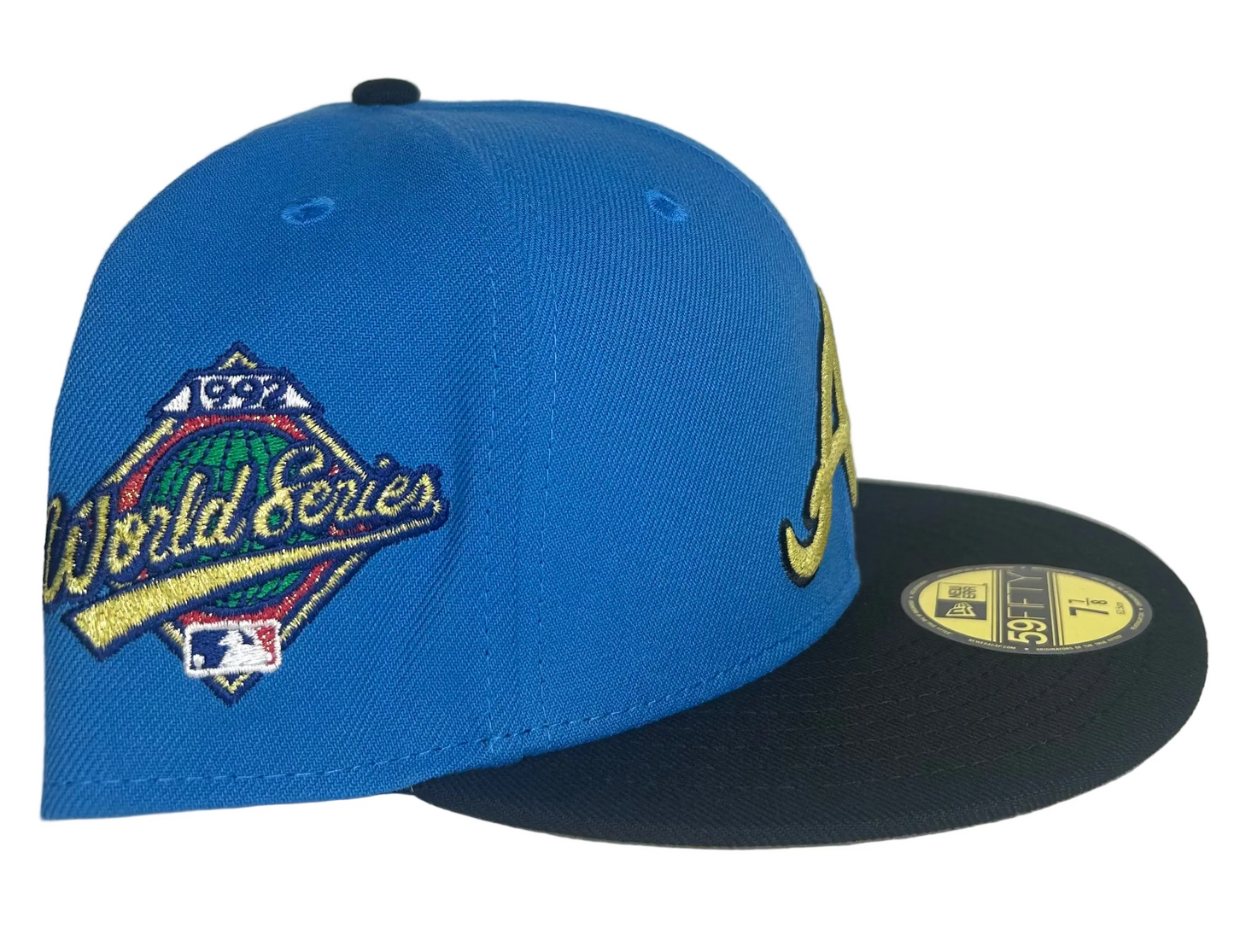 New Era Atlanta Braves 59FIFTY fitted hat featuring a sky blue crown, black visor, and a special side patch. 