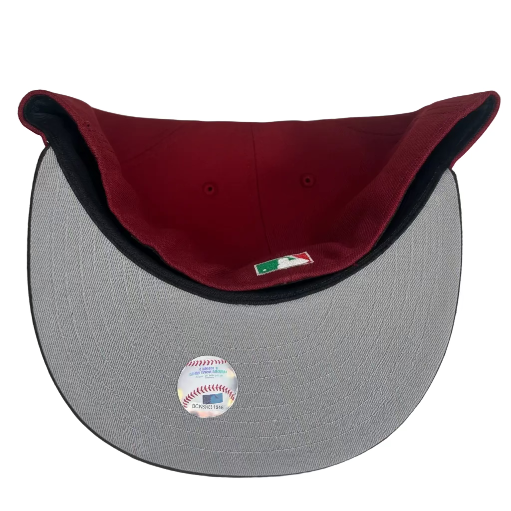 New Era Los Angeles Dodgers 59FIFTY fitted hat, specifically a maroon model featuring a "Viva Los Dodgers" side patch and a stylized "Los Angeles" script on the front. 