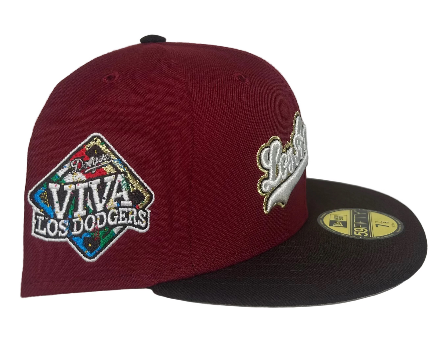New Era Los Angeles Dodgers 59FIFTY fitted hat, specifically a maroon model featuring a "Viva Los Dodgers" side patch and a stylized "Los Angeles" script on the front. 