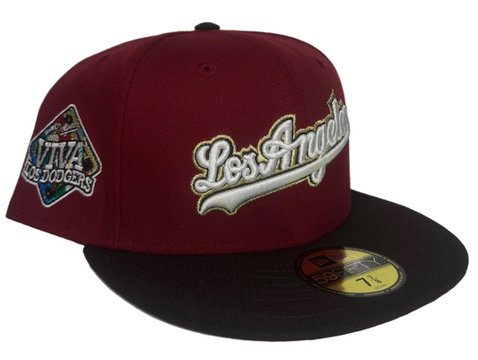 New Era Los Angeles Dodgers 59FIFTY fitted hat, specifically a maroon model featuring a "Viva Los Dodgers" side patch and a stylized "Los Angeles" script on the front. 